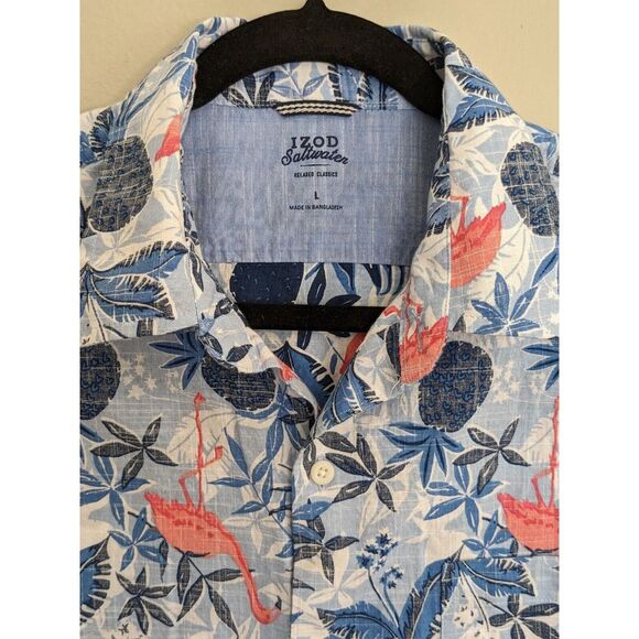 Izod Saltwater Tropical‎ Shirt Adult L Blue Pink Flamingos Button Short Sleeve - Picture 3 of 5
